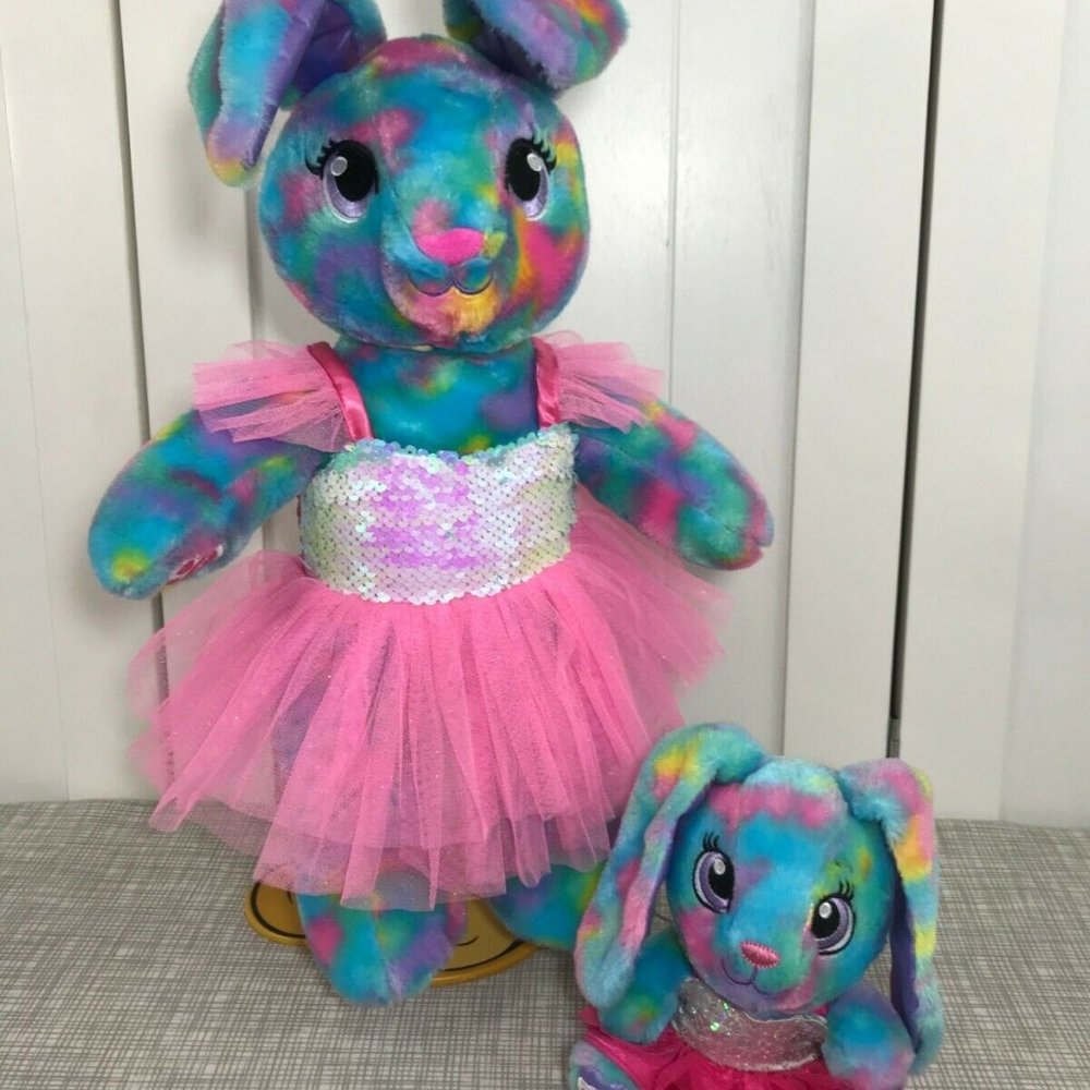 Build A Bear Colorburst Blue Bunny Rabbit w/ Smallfry & Sequin Pink Dresses